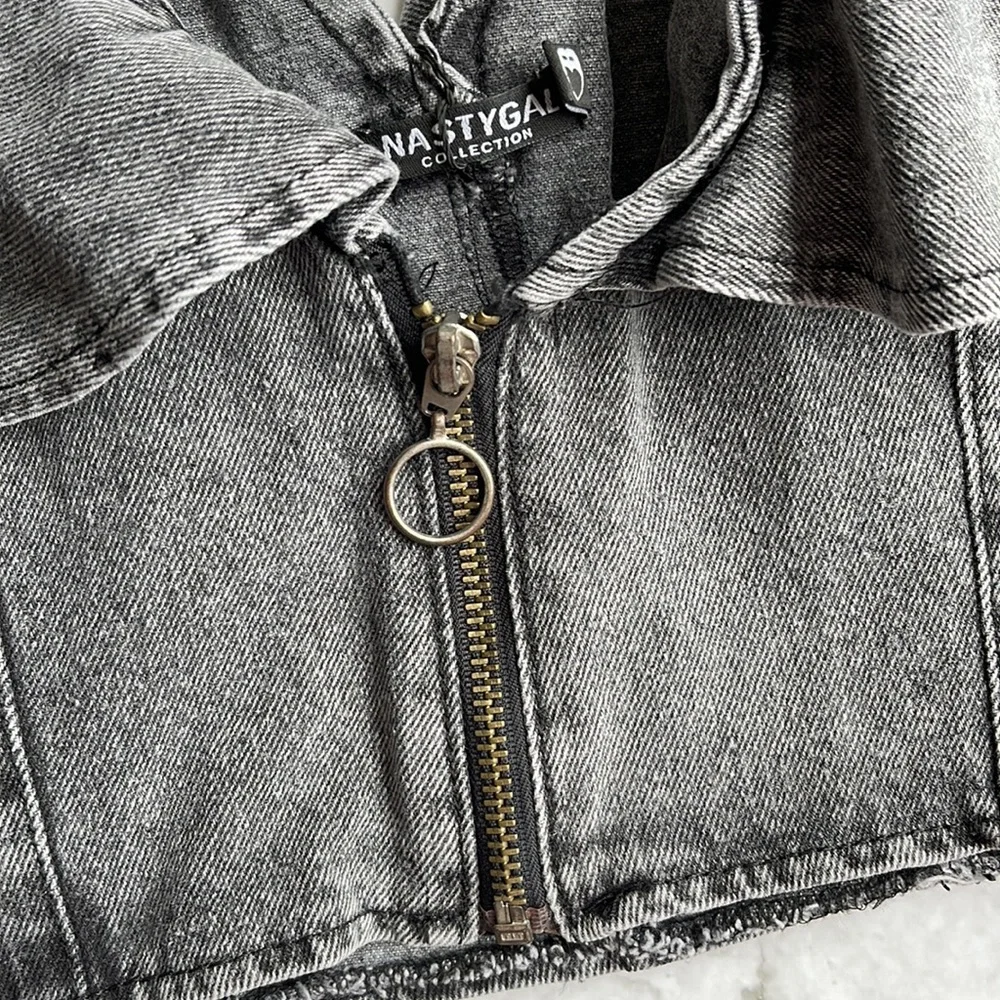 NASTY GAL | Collar Detail Denim Crop Top in Washed Black - Picture 8 of 10